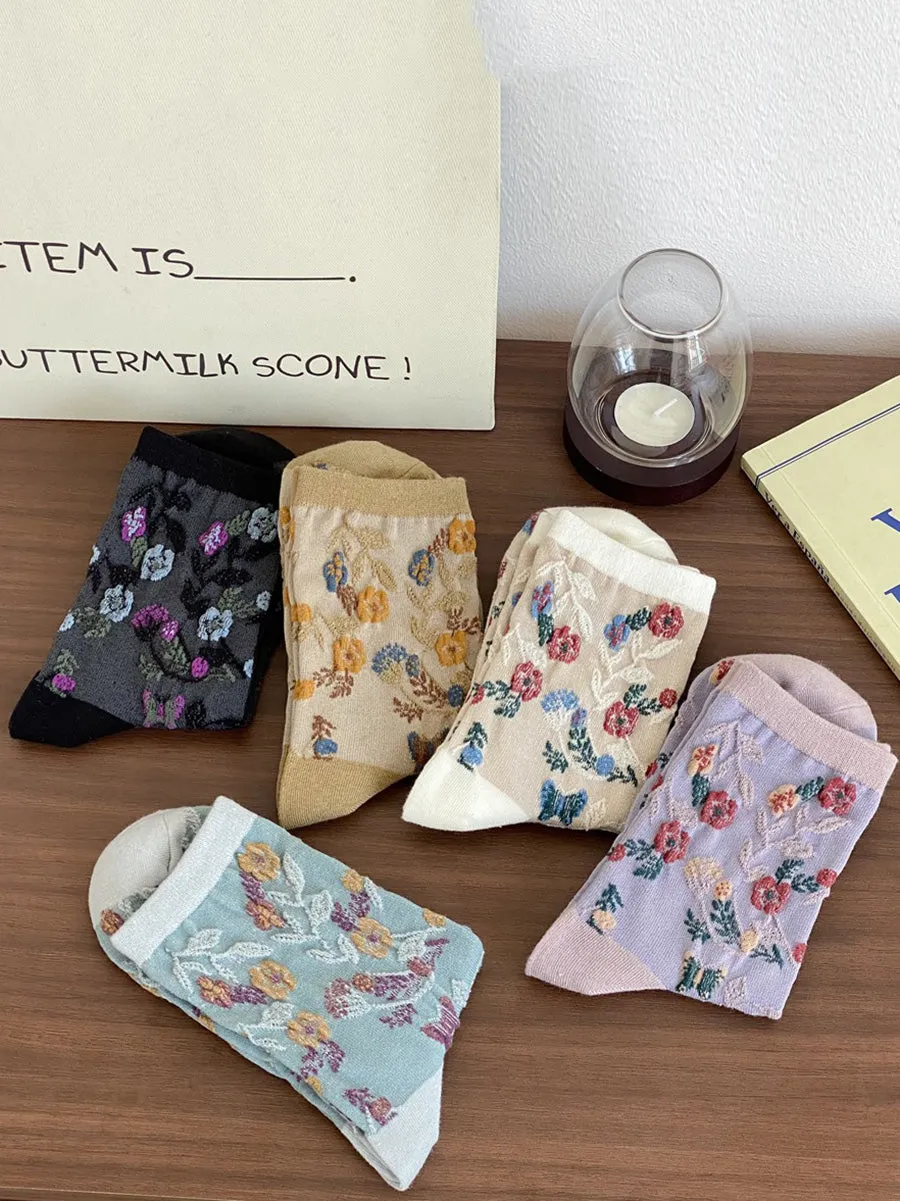 5 Pairs Women Artsy Floral Colorblock Jacquard Socks