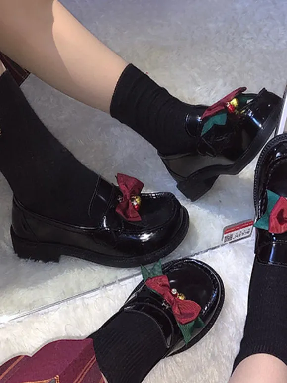Academic Lolita Footwear Black Bows Round Toe PU Leather Lolita Pumps