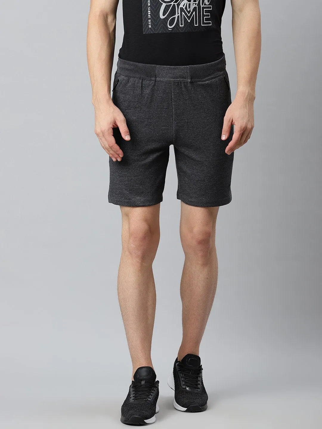 Alcis Men Charcoal Grey Pure Cotton Mid-Rise Training or Gym Sports Shorts