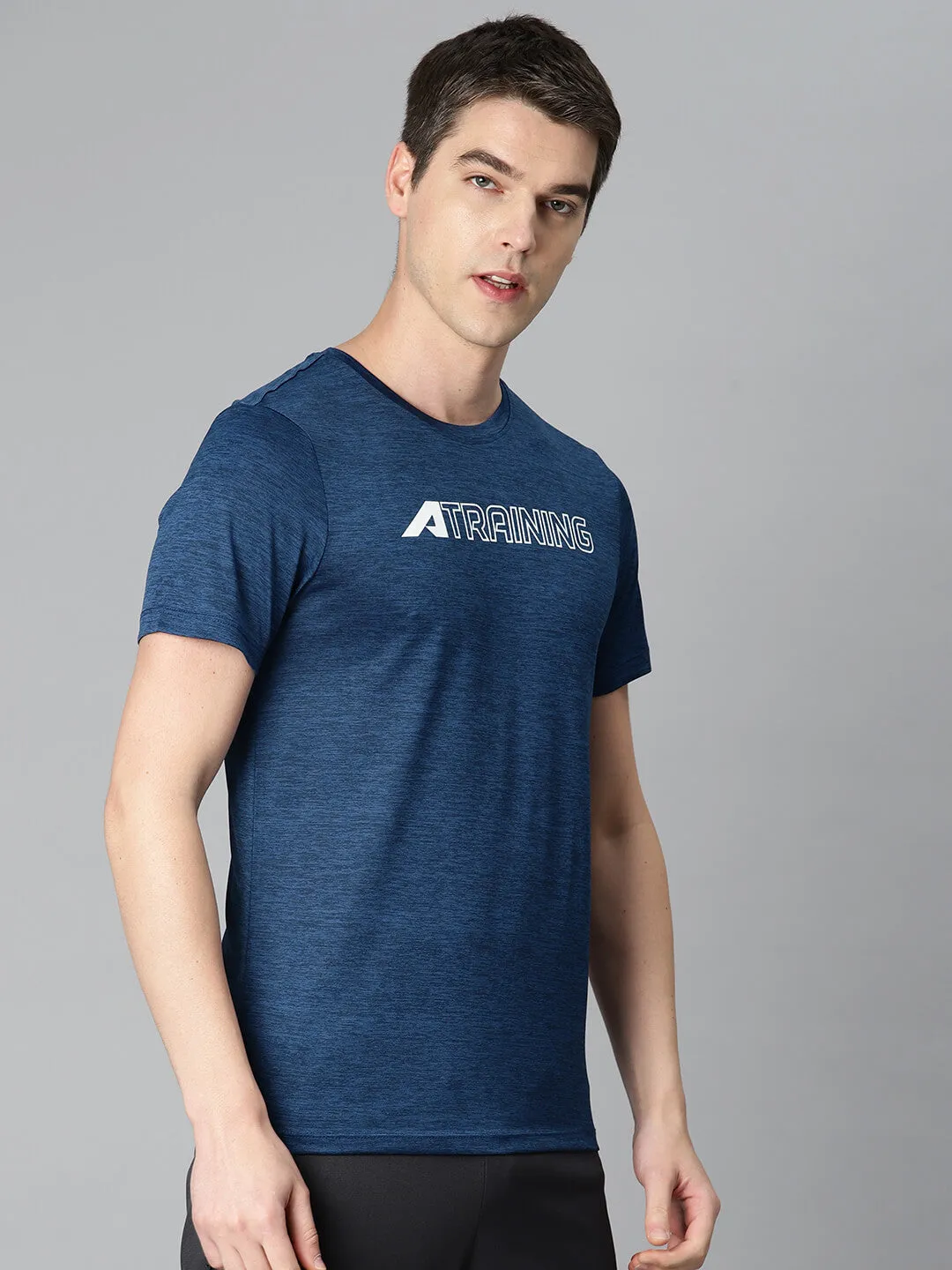 Alcis Men Navy Blue Typography Printed Anti Static Slim Fit Sports T-shirt