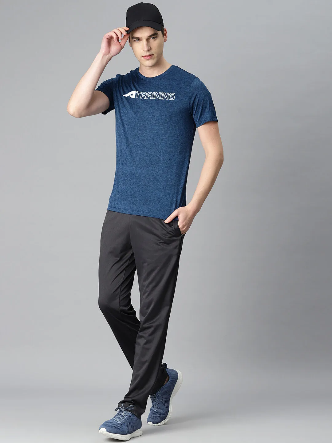 Alcis Men Navy Blue Typography Printed Anti Static Slim Fit Sports T-shirt