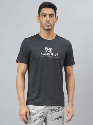 Alcis Men Printed Black Anti-Static Slim-Fit Round Neck Training T-Shirt