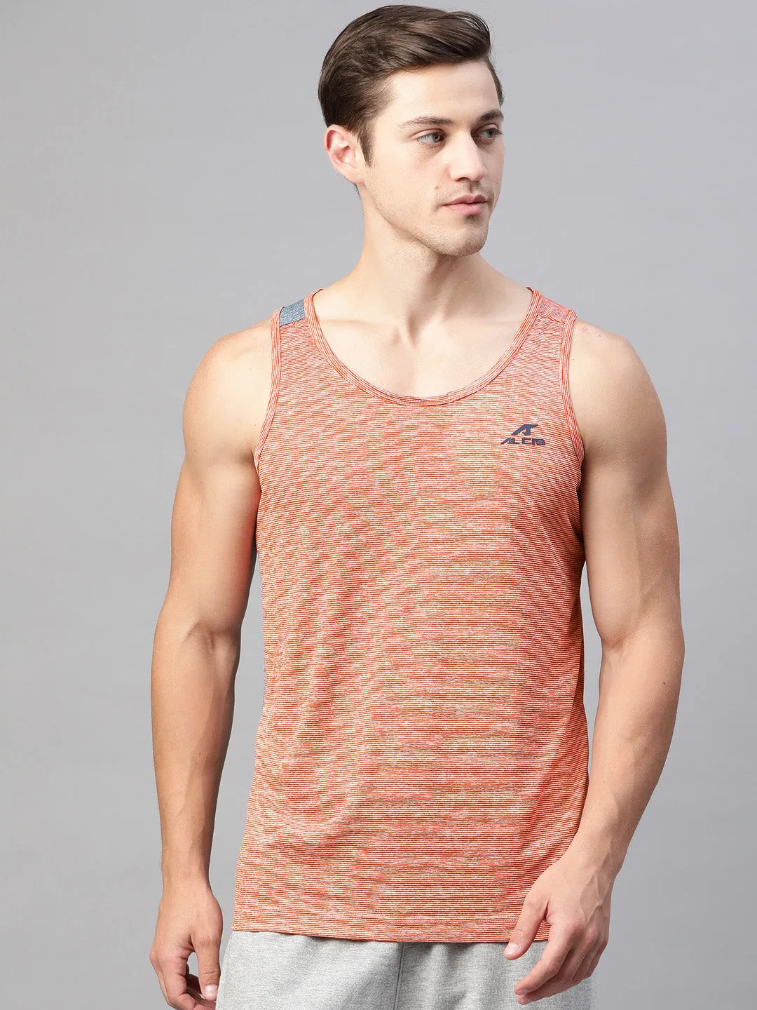 Alcis Men Red & White Self Striped Slim Fit Dry-Tech Round Neck Sports T-shirt