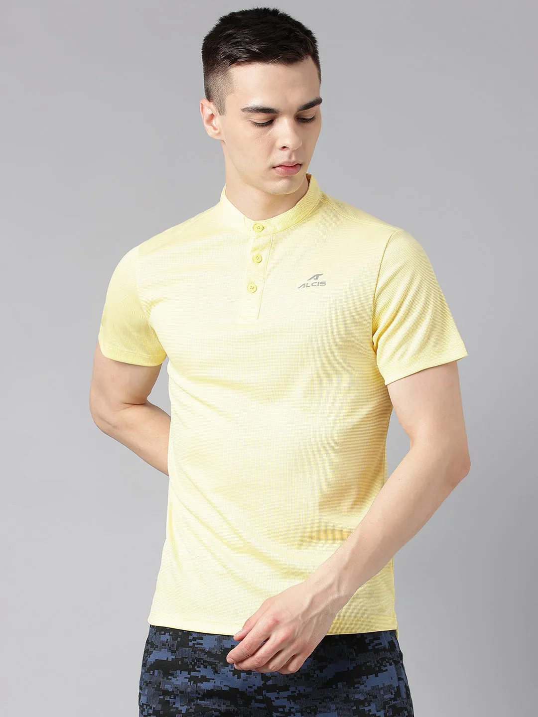 Alcis Men's Pale Yellow Anti-Static Drytech  Slim-Fit Training Polo T-Shirt