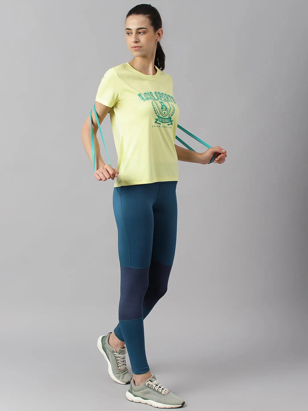 Alcis Women Printed Yellow Anti-Static Slim-Fit Round Neck Training T-Shirt