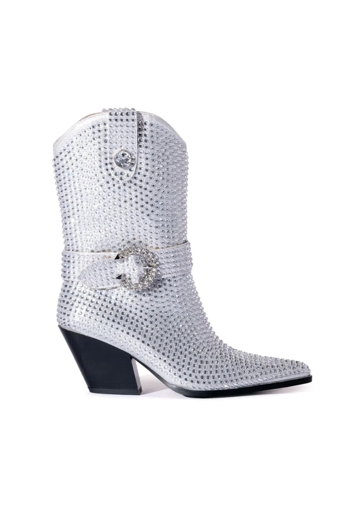 Azalea Wang Federica Silver Rhinestone Western Bootie