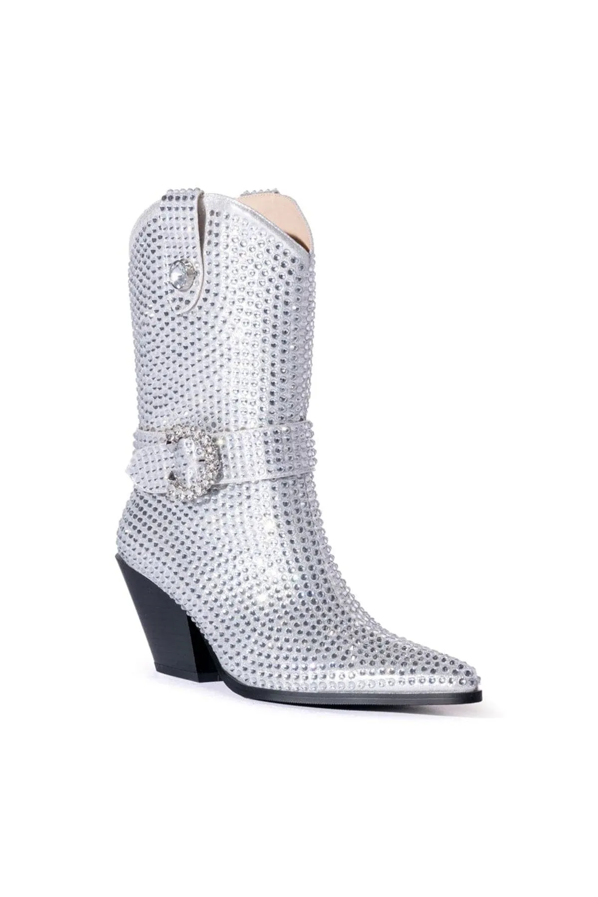 Azalea Wang Federica Silver Rhinestone Western Bootie