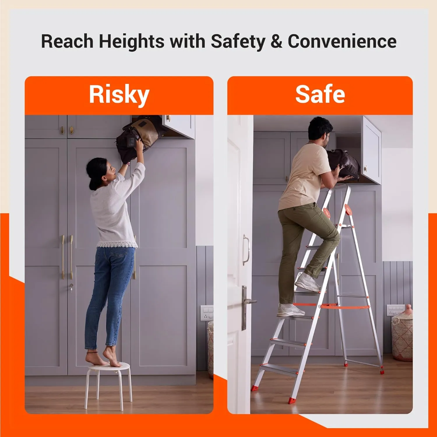 Bathla Advance 6-Step Foldable Aluminium Ladder For Home (Orange)