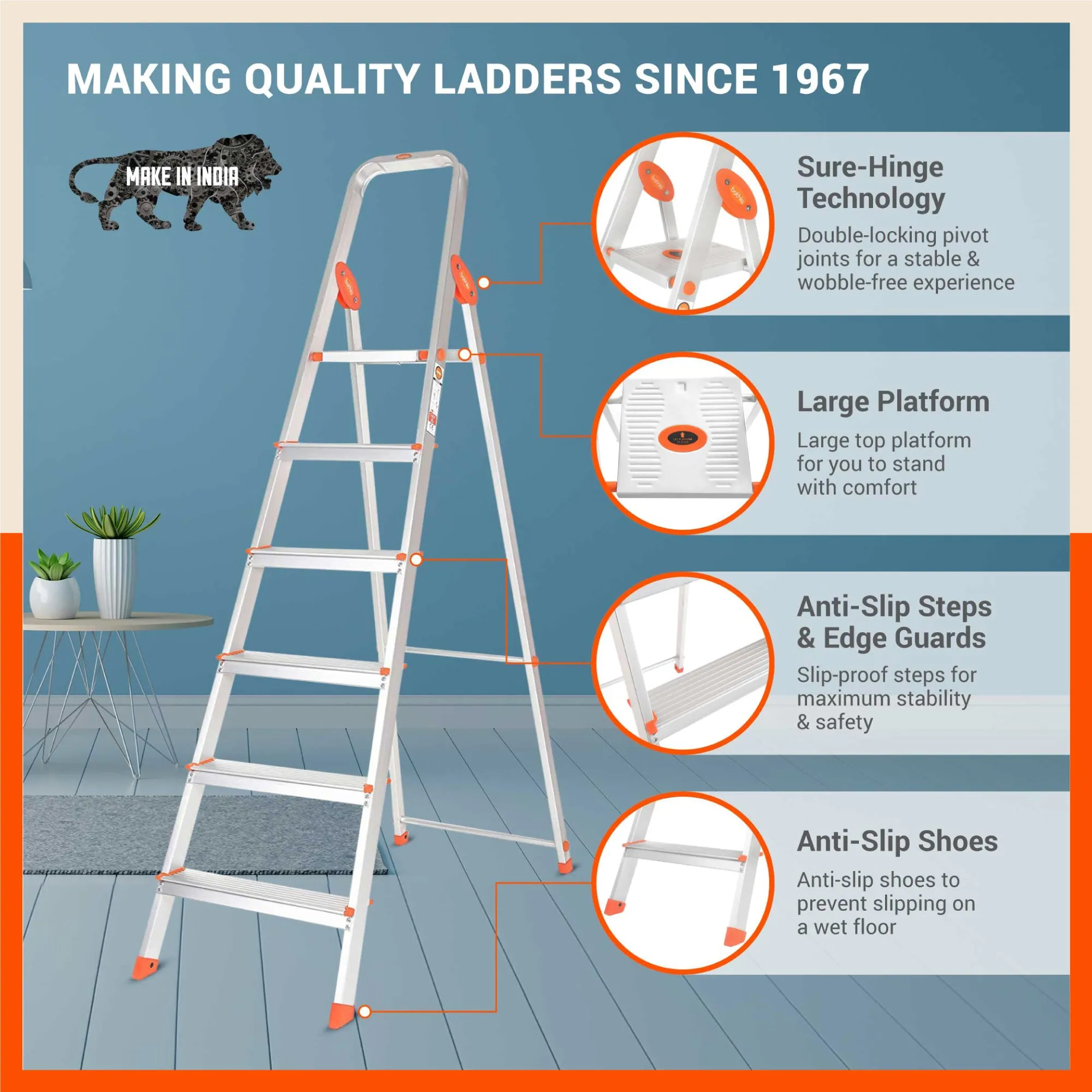 Bathla Advance 6-Step Foldable Aluminium Ladder For Home (Orange)