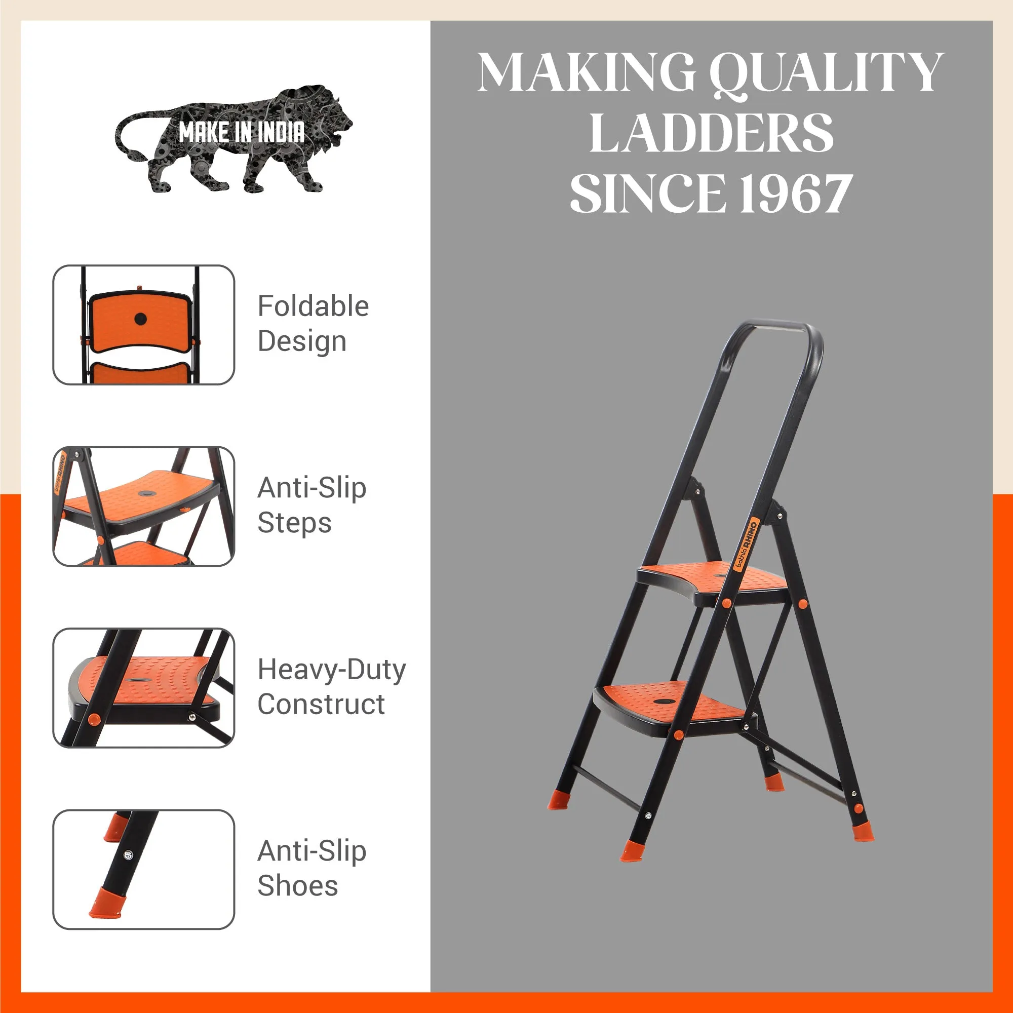 Bathla Boost Rhino 2 - Step Foldable Steel Ladder For Home (Black   Orange)