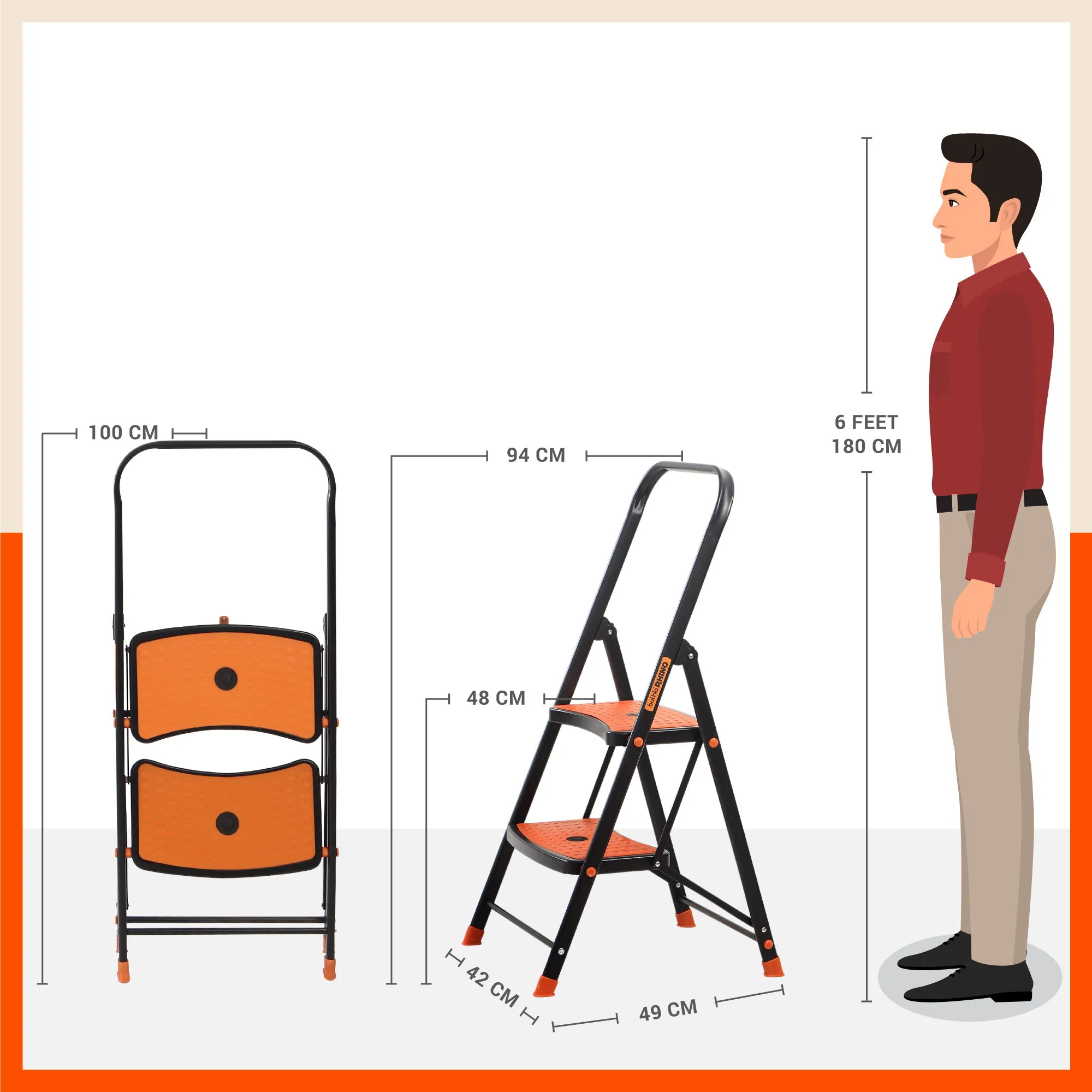 Bathla Boost Rhino 2 - Step Foldable Steel Ladder For Home (Black   Orange)