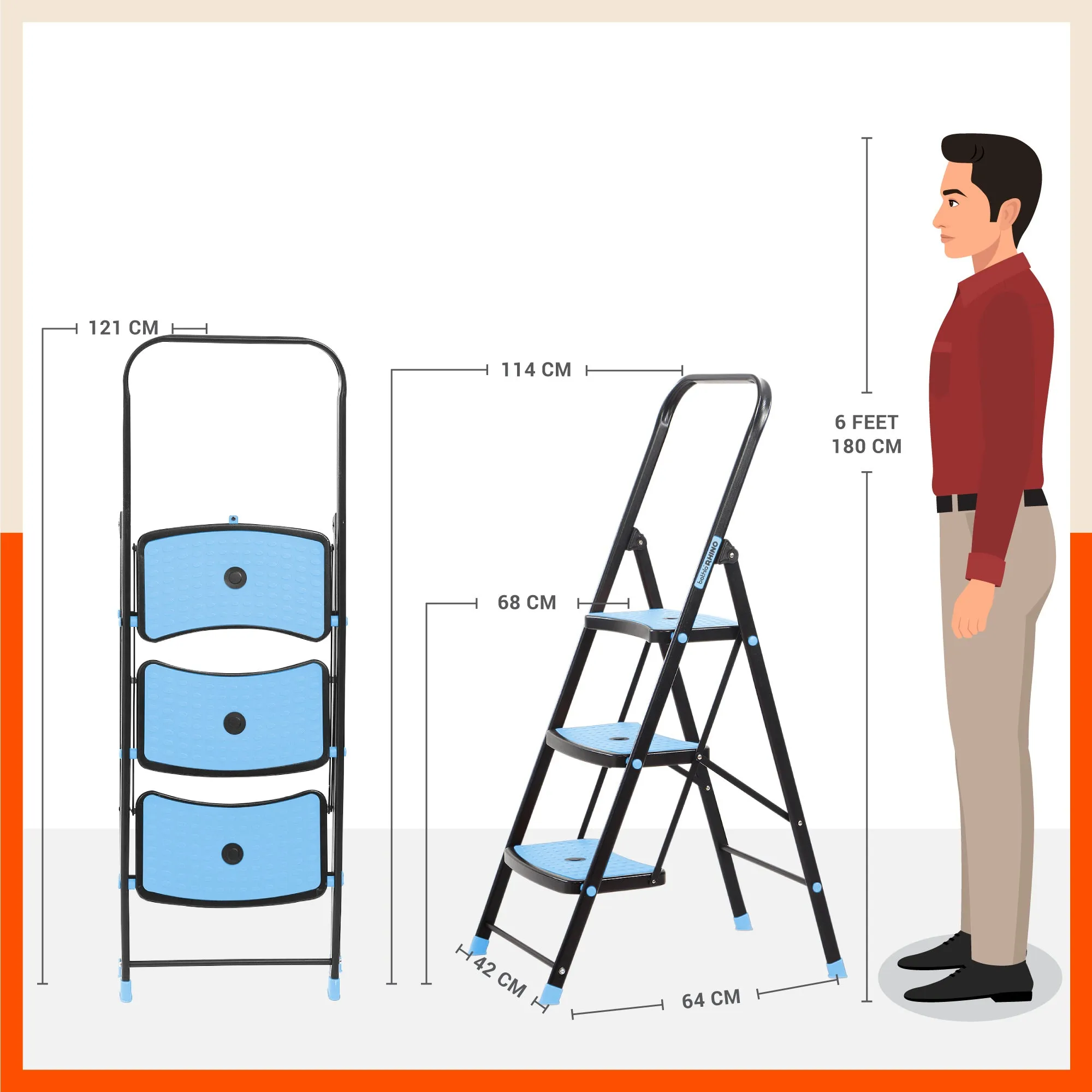Bathla Boost Rhino 3 - Step Foldable Steel Ladder For Home (Black   Blue)
