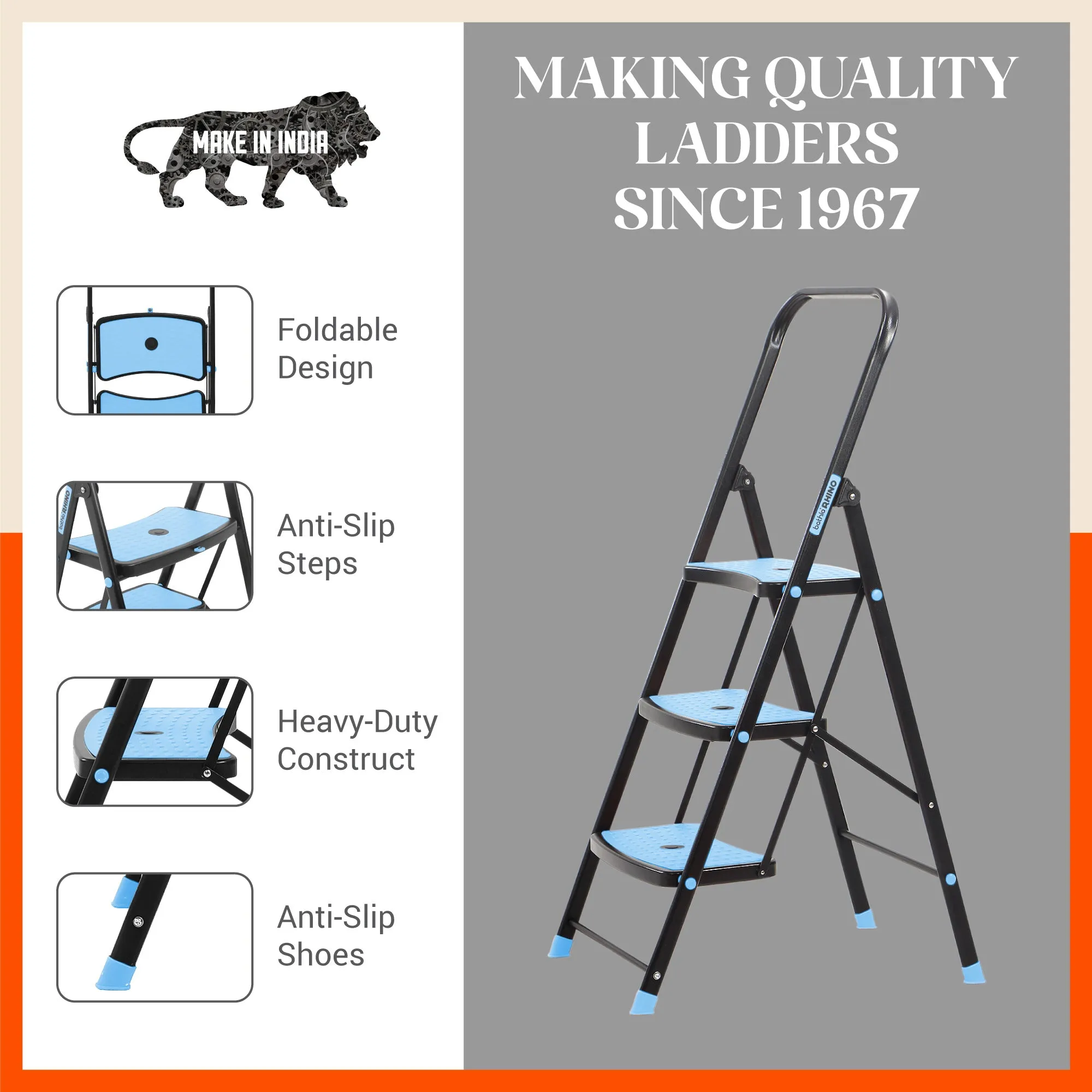Bathla Boost Rhino 3 - Step Foldable Steel Ladder For Home (Black   Blue)