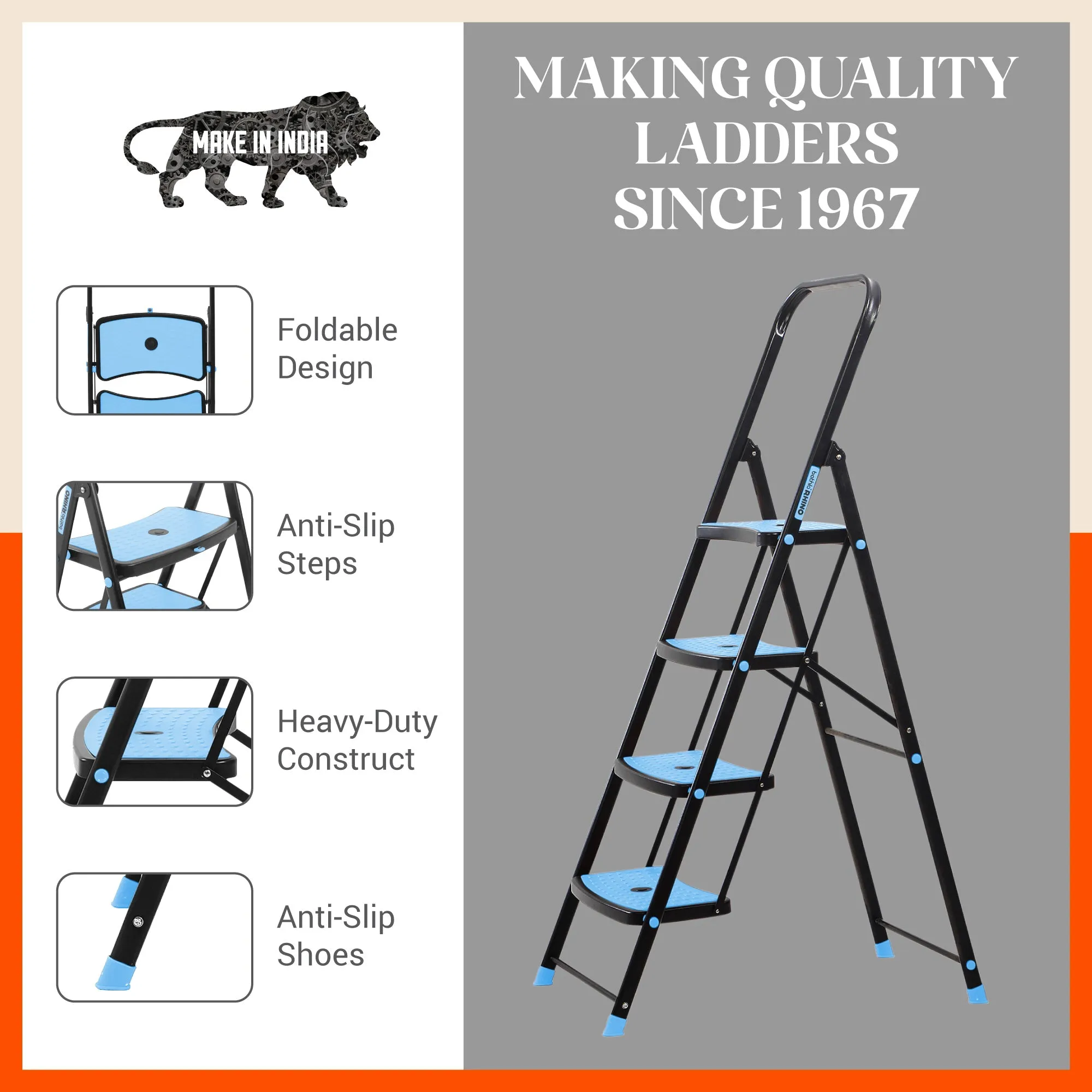Bathla Boost Rhino 4 - Step Foldable Steel Ladder For Home (Black   Blue)
