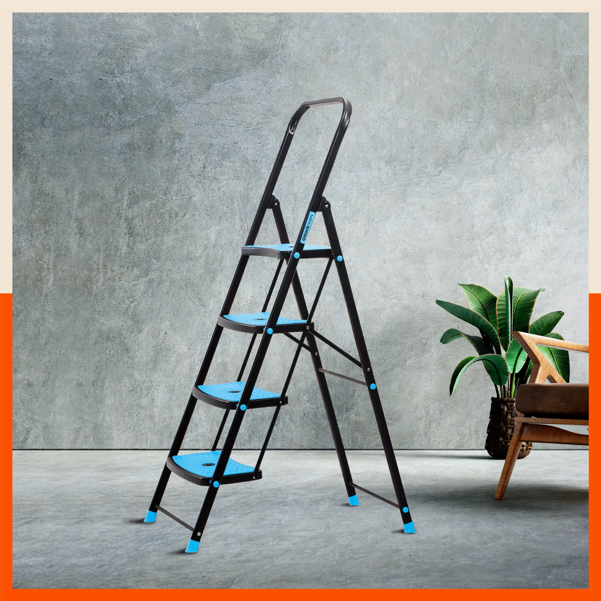 Bathla Boost Rhino 4 - Step Foldable Steel Ladder For Home (Black   Blue)