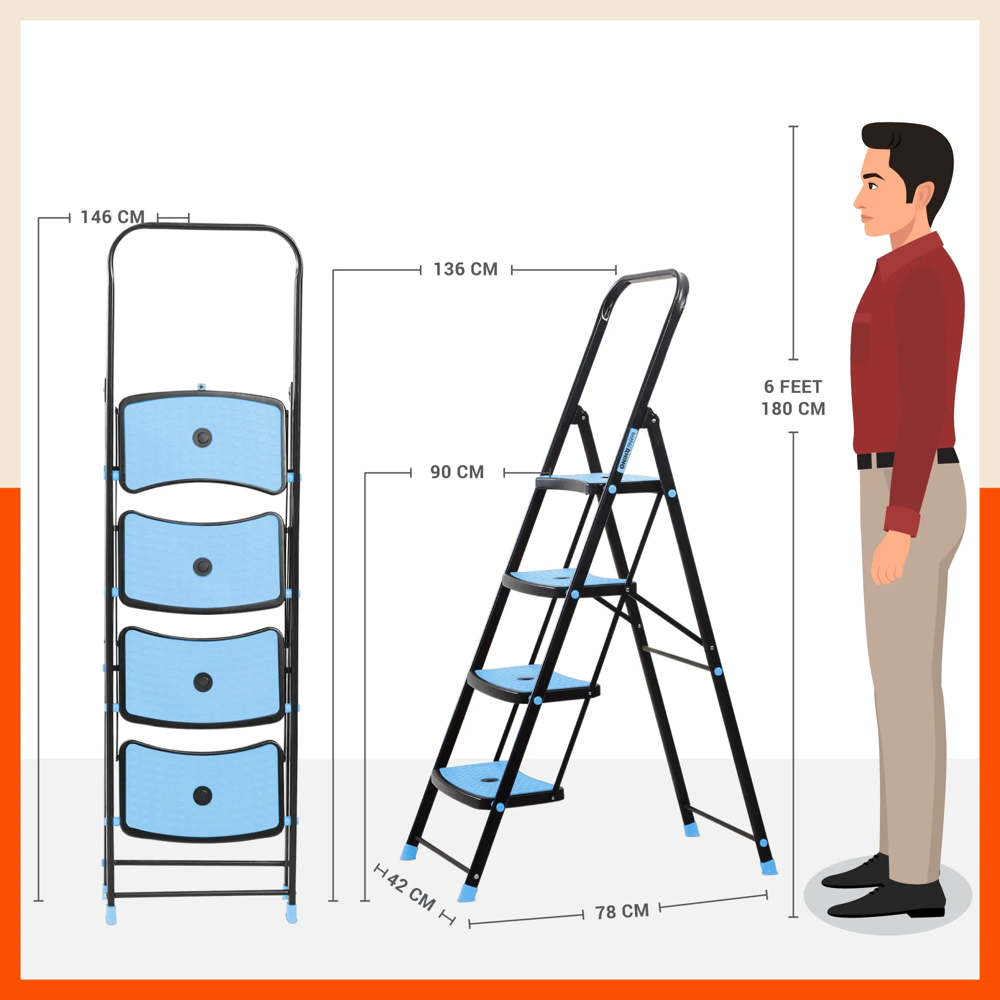 Bathla Boost Rhino 4 - Step Foldable Steel Ladder For Home (Black   Blue)