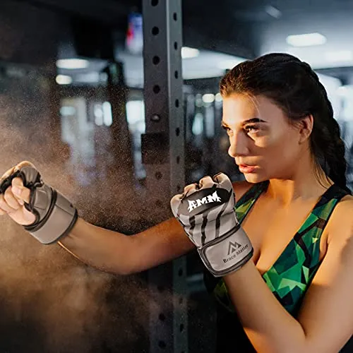 Brace Master Boxing Gloves MMA Gloves for UFC Training Men and Women Leather More Padding Punching Bag Gloves for The Kickboxing, Sparring, Muay Thai Heavy Bag (Small, Gray)