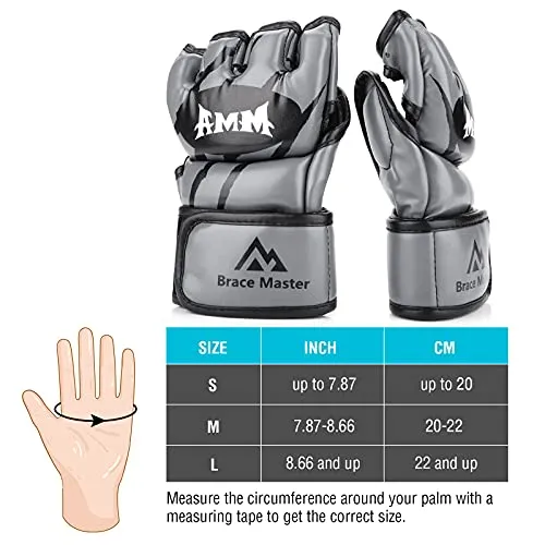 Brace Master Boxing Gloves MMA Gloves for UFC Training Men and Women Leather More Padding Punching Bag Gloves for The Kickboxing, Sparring, Muay Thai Heavy Bag (Small, Gray)