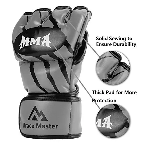Brace Master Boxing Gloves MMA Gloves for UFC Training Men and Women Leather More Padding Punching Bag Gloves for The Kickboxing, Sparring, Muay Thai Heavy Bag (Small, Gray)