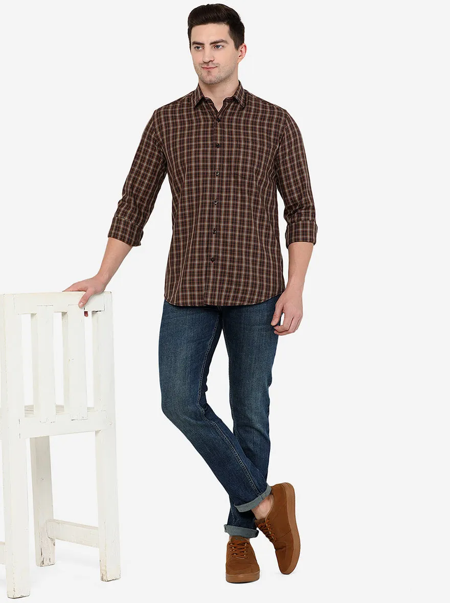 Brown Checked Slim Fit Casual Shirt | Greenfibre