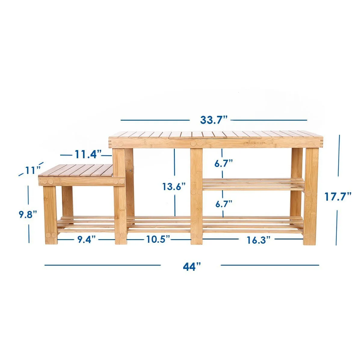 Clevr Natural Bamboo Shoe Storage Rack Bench with 2-Tier Storage Drawer on Top, 44", Storage Drawer on Top, Shoe Organizer Entryway Seat Storage Shelf Hallway Furniture