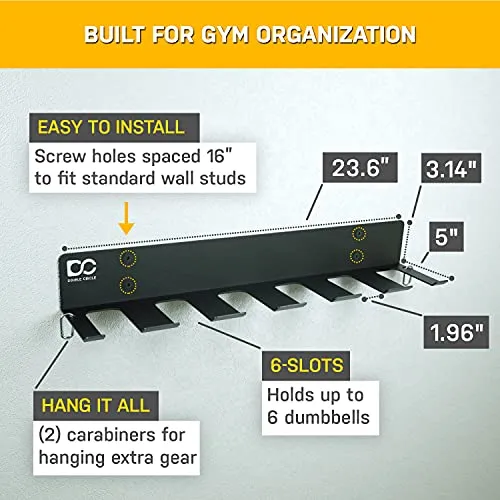 Double Circle Dumbbells Rack Home Gym Storage (Rack Only), 6-Slot Free Weight Holder, Heavy-Duty Wall-Mounted Steel Stand for Strength Training Equipment, 2 Carabiners and Mounting Hardware