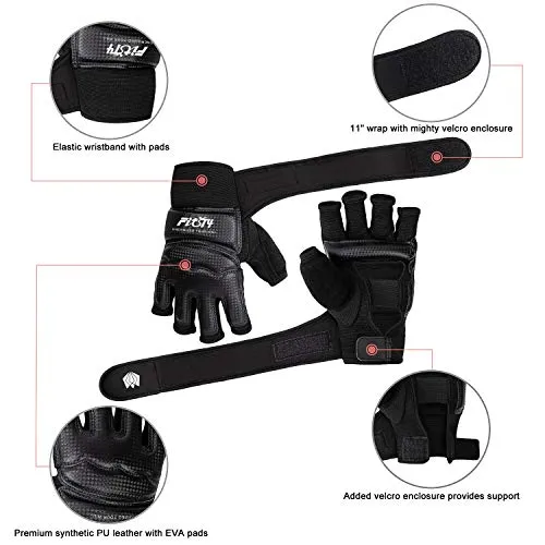 FitsT4 Half Mitts UFC MMA Training Boxing Punch Bag Kickboxing Sparring Grappling Martial Arts Muay Thai Taekwondo Wrist Wraps Support Gloves for Women Men Kids Black M
