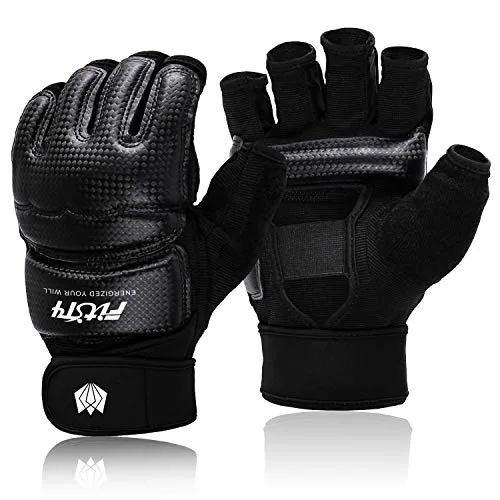 FitsT4 Half Mitts UFC MMA Training Boxing Punch Bag Kickboxing Sparring Grappling Martial Arts Muay Thai Taekwondo Wrist Wraps Support Gloves for Women Men Kids Black M