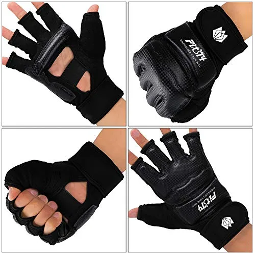 FitsT4 Half Mitts UFC MMA Training Boxing Punch Bag Kickboxing Sparring Grappling Martial Arts Muay Thai Taekwondo Wrist Wraps Support Gloves for Women Men Kids Black M