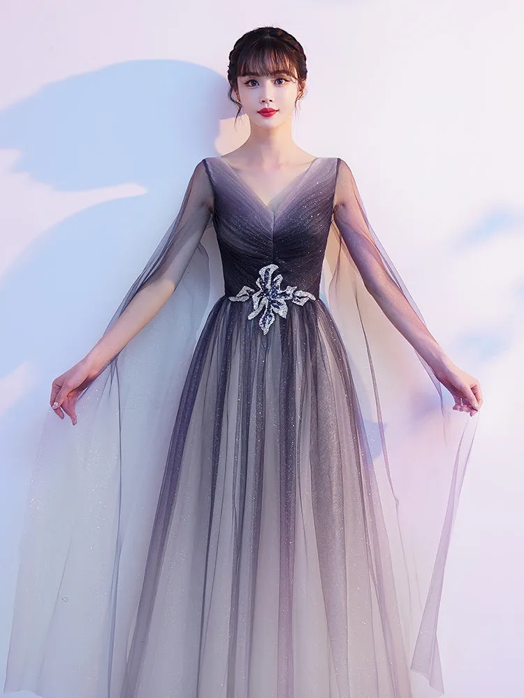Gradient V-neckline Tulle Party Dress, A-line Gradient Evening Dress Prom Dress Evening Dress