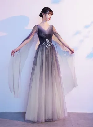Gradient V-neckline Tulle Party Dress, A-line Gradient Evening Dress Prom Dress Evening Dress