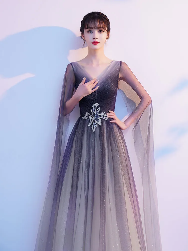 Gradient V-neckline Tulle Party Dress, A-line Gradient Evening Dress Prom Dress Evening Dress