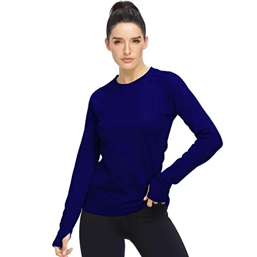 HISKYWIN Womens Thumb Hole,Raglan Sleeve,Long Sleeve Tee Crew Neck Fleece T-Shirt HF28-Dark Blue-L