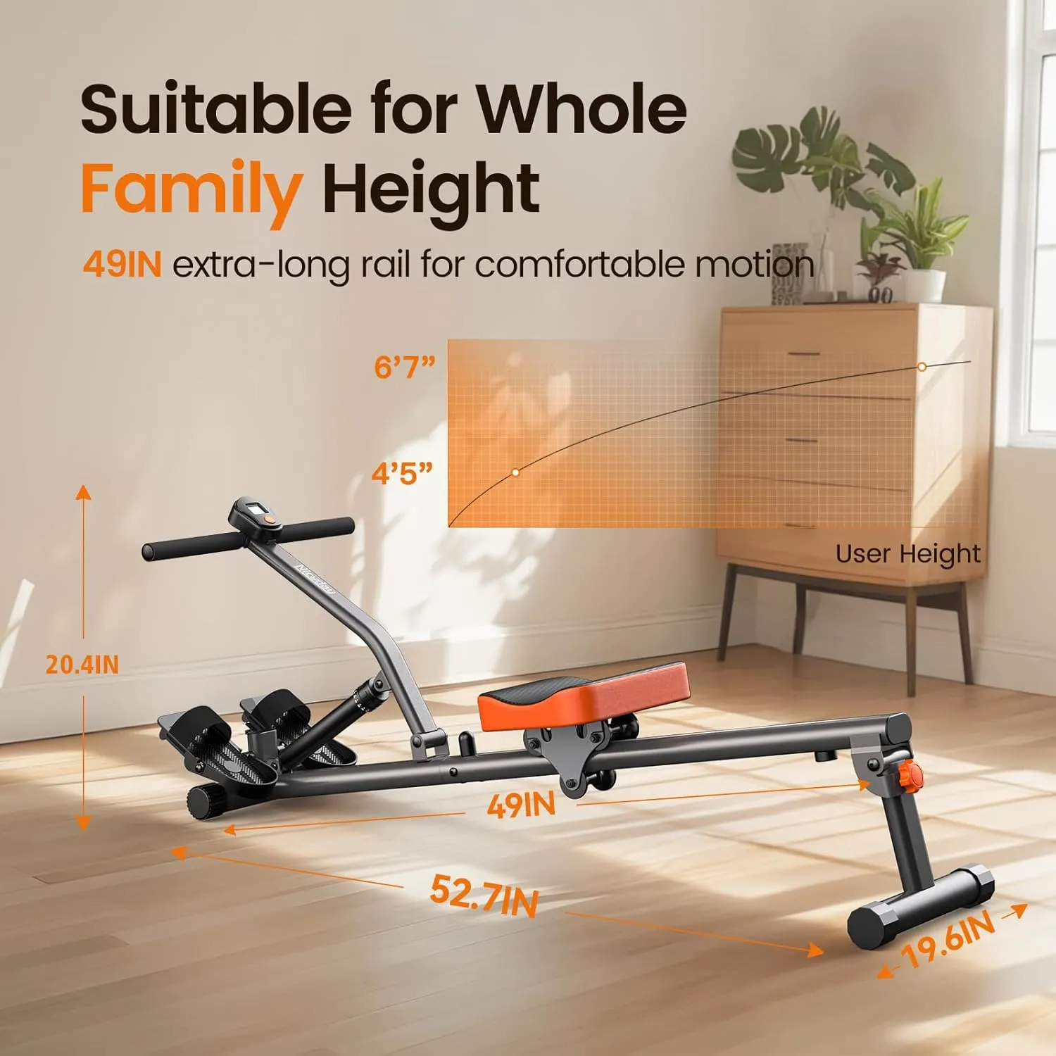 Hydraulic Rower Machine with 16 Resistance Levels, 300LBS Loading Capacity