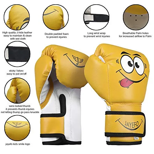Jayefo Kids Boxing Gloves 4 OZ Training MMA Boys Girls Punching Kick Muay Thai Youth Junior (Yellow, 6 OZ)
