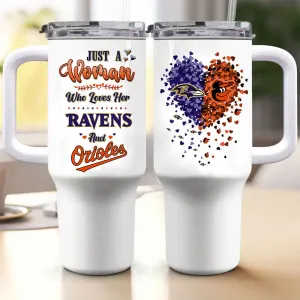 Just A Woman Who Loves Her Baltimore Football And Baseball Tumbler
