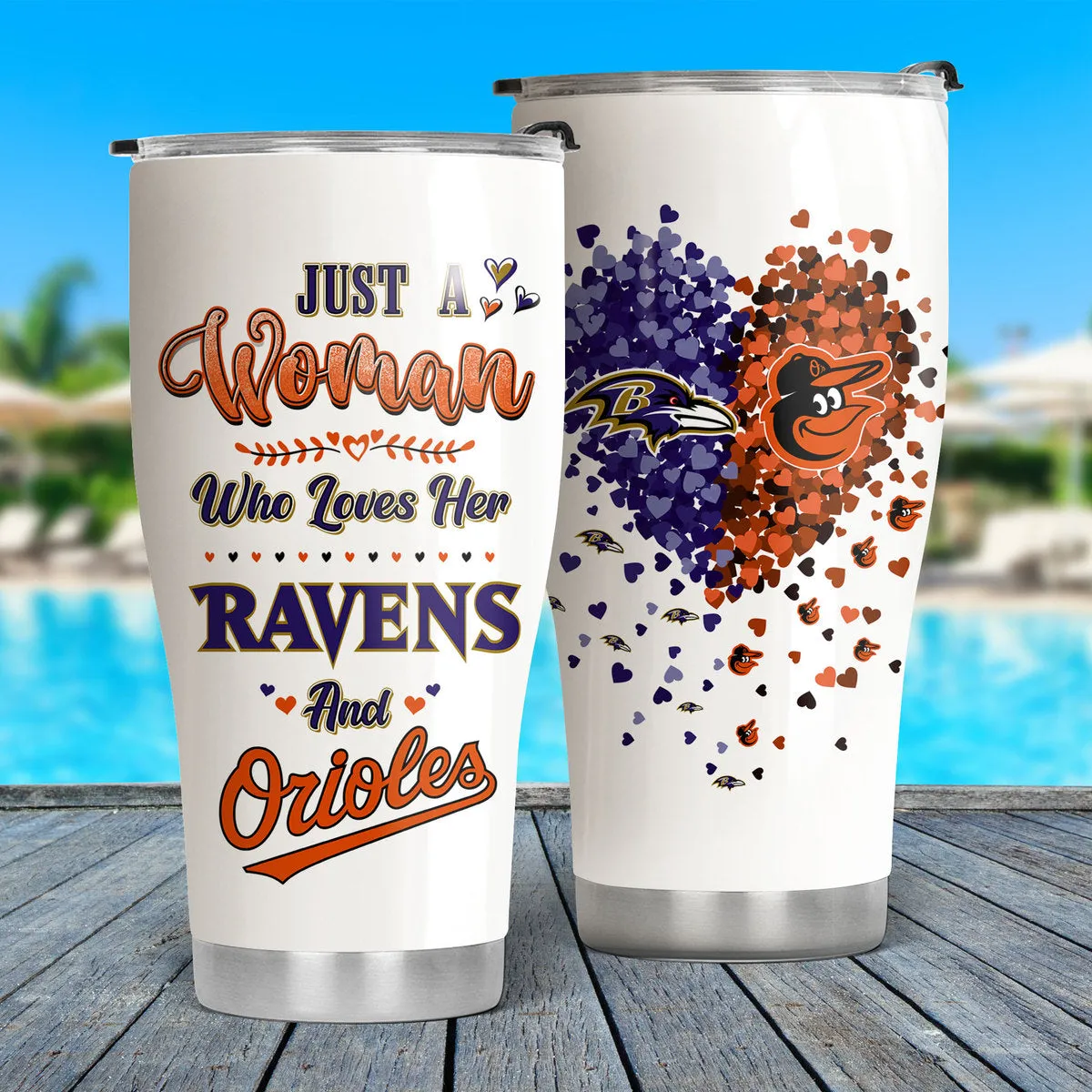 Just A Woman Who Loves Her Baltimore Football And Baseball Tumbler