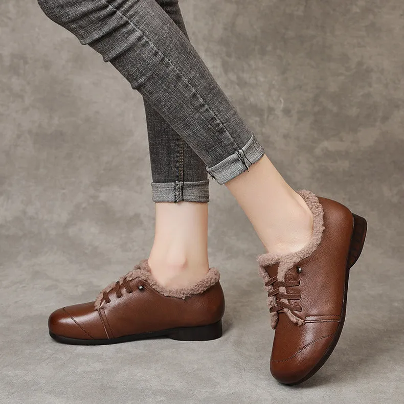 Leather Lace Up Handmade Women's Shoes Round Toe Flat Heel Soft Sole Comfortable Warm Shoes