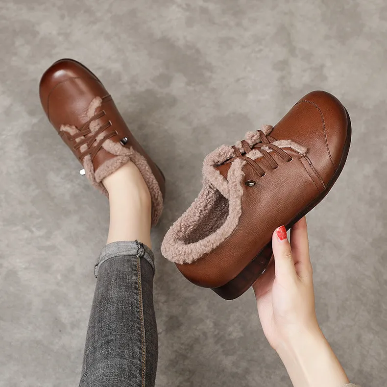 Leather Lace Up Handmade Women's Shoes Round Toe Flat Heel Soft Sole Comfortable Warm Shoes