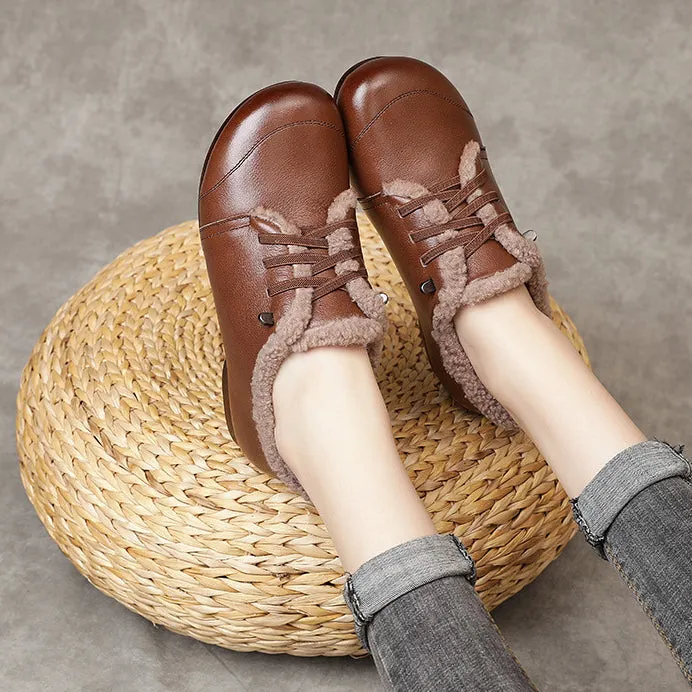 Leather Lace Up Handmade Women's Shoes Round Toe Flat Heel Soft Sole Comfortable Warm Shoes