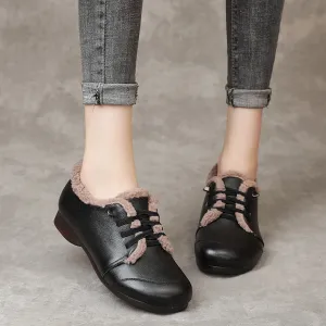 Leather Lace Up Handmade Women's Shoes Round Toe Flat Heel Soft Sole Comfortable Warm Shoes