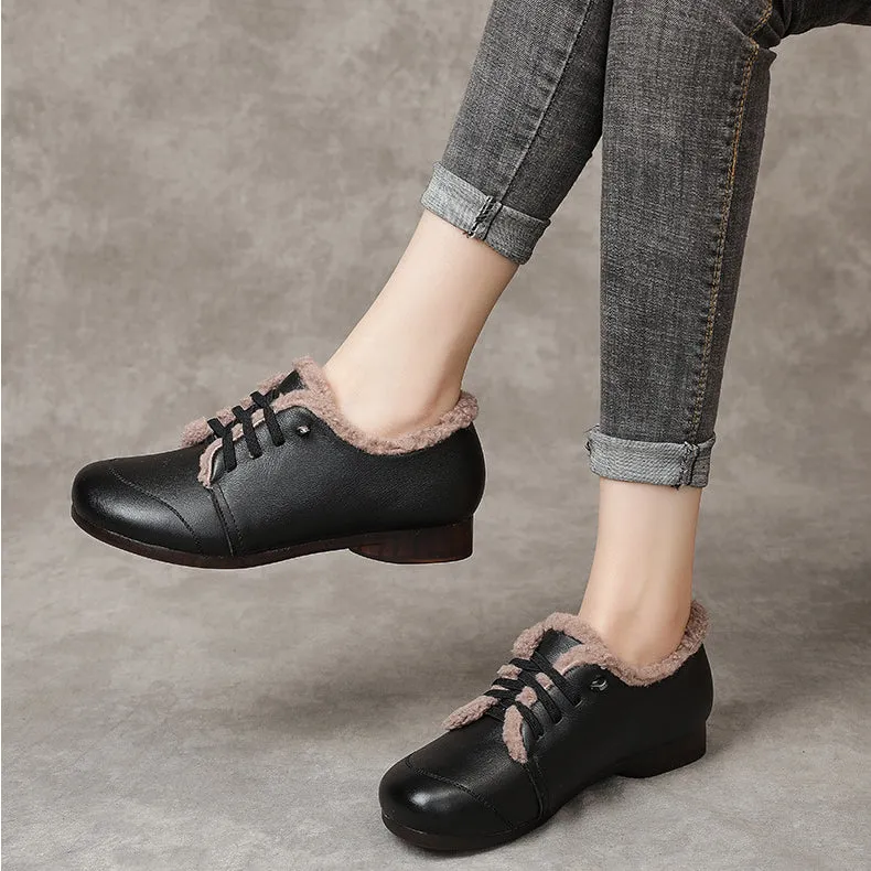 Leather Lace Up Handmade Women's Shoes Round Toe Flat Heel Soft Sole Comfortable Warm Shoes