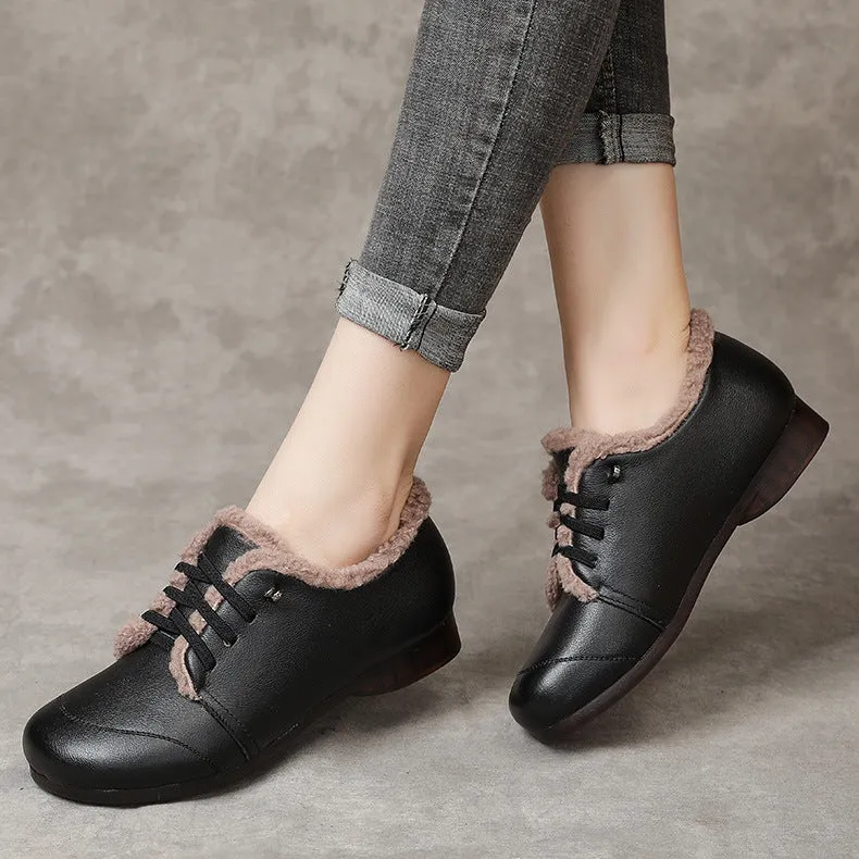 Leather Lace Up Handmade Women's Shoes Round Toe Flat Heel Soft Sole Comfortable Warm Shoes