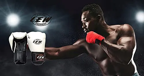 LEW White/Black Boxing Gloves for Training/ Muaythai/Punching Bag/Sparring with a Pair of Hand Wraps (White, 12 OZ)