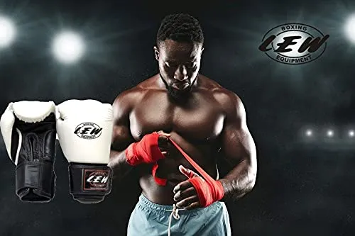 LEW White/Black Boxing Gloves for Training/ Muaythai/Punching Bag/Sparring with a Pair of Hand Wraps (White, 12 OZ)