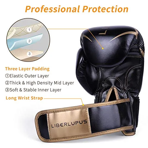 Liberlupus Cool Style Boxing Gloves for Men & Women, Boxing Training Gloves, Kickboxing Gloves, Sparring Gloves, Heavy Bag Gloves for Boxing, Kickboxing, Muay Thai, MMA(Black & Golden, 12 oz)
