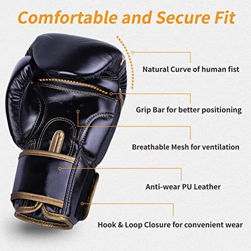 Liberlupus Cool Style Boxing Gloves for Men & Women, Boxing Training Gloves, Kickboxing Gloves, Sparring Gloves, Heavy Bag Gloves for Boxing, Kickboxing, Muay Thai, MMA(Black & Golden, 12 oz)