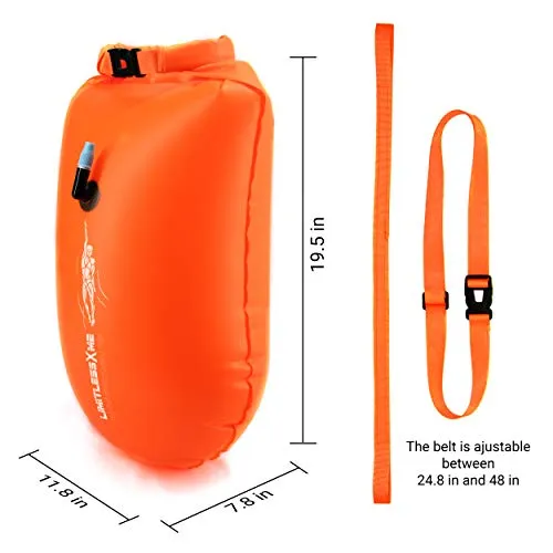 LimitlessXme Swim Buoy & Drybag - Safety for Swimmers, Open Water and Triathlon. Pull Buoy for Adults and Kids. Orange Signal Swimming Bubble