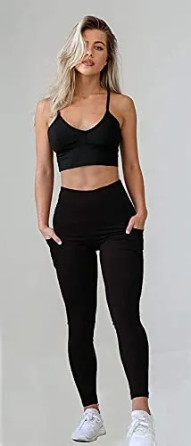 MONKDEER Side Pocket Gym wear Leggings Ankle Length Workout Pants with Phone Pockets | Stretchable Tights | Mid Waist Sports Fitness Yoga Track Pants for Girls & Women(WT-08BLACK36)