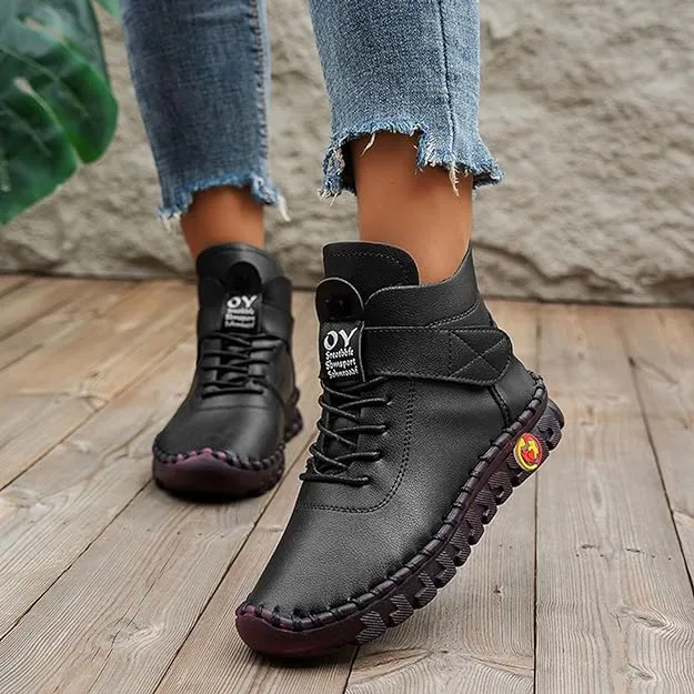 NEW XRCQCAD Boots for Women, Soft Faux Leather Flat Ankle Boots, Lightweight great for walking, breathable, Black, Sz 8.5